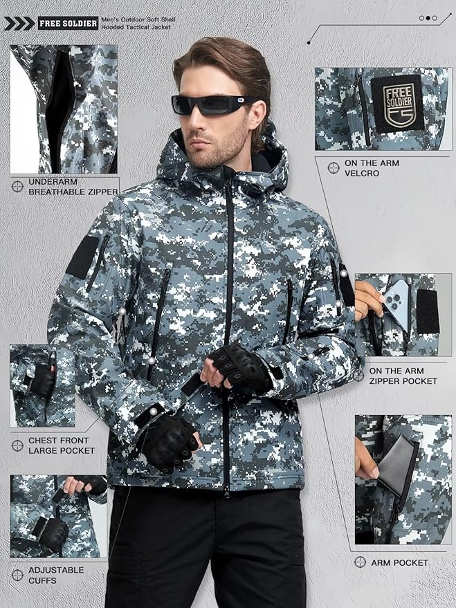 FREE SOLDIER Men's Outdoor Waterproof Soft Shell Hooded Military Tactical Jacket