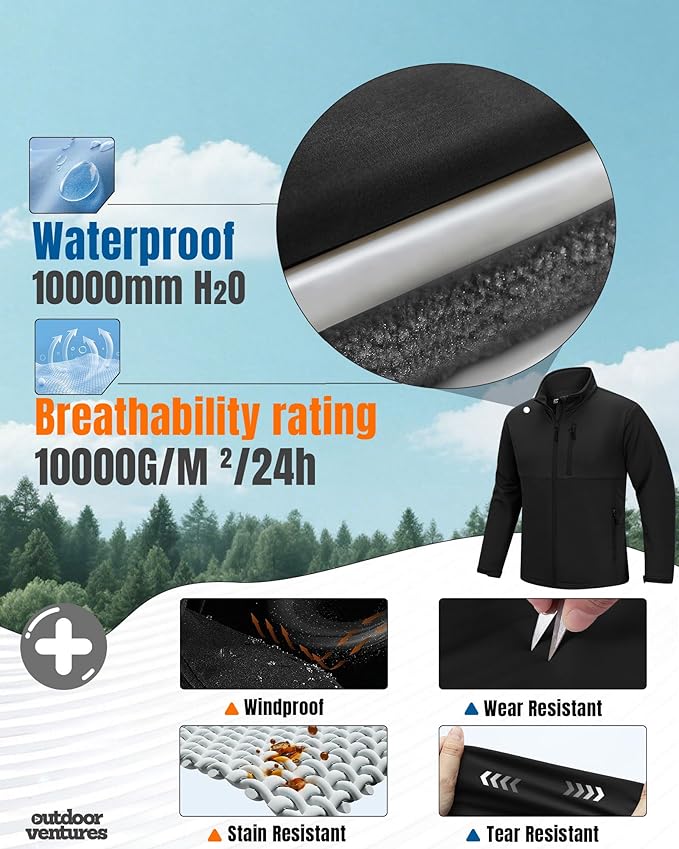 Outdoor Ventures Men's Softshell Jacket Waterproof Fleece Lined Rain Shell Jacket Lightweight Windbreaker for Hiking Travel