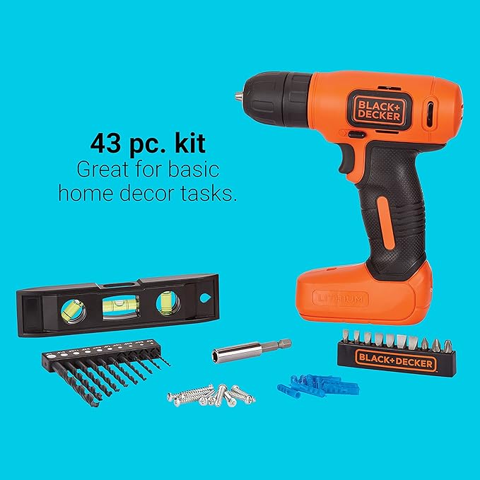 BLACK+DECKER 8V MAX* Cordless Drill + 43 pc. Home Decor Project Kit (BDCD8HDPK)