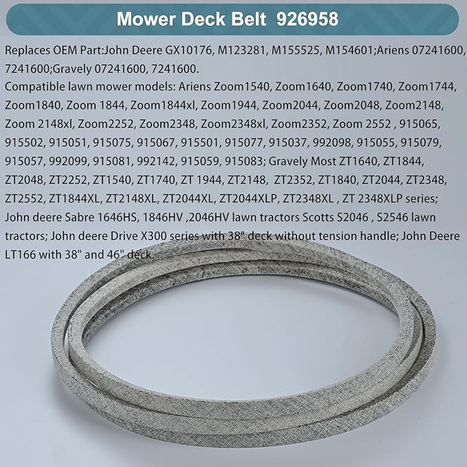 1/2 x 143'' Mower Belt Replace for John Deere GX10176 M123281 M155525 M154601 Ariens 07241600 7241600 Gravely 07241600 7241600 Lawn Mower Belt Kevlar Lawn Mower Belt (M123281)