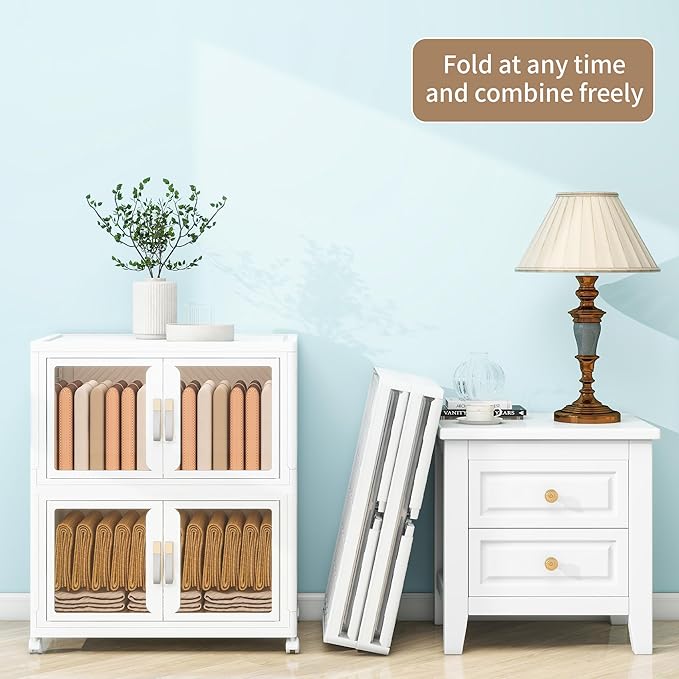 Large Clear Stackable Storage Bins with Lids, Foldable Storage Cabinet for Closet Organizers and Storage, Plastic Storage Box with Wheels 199 QT