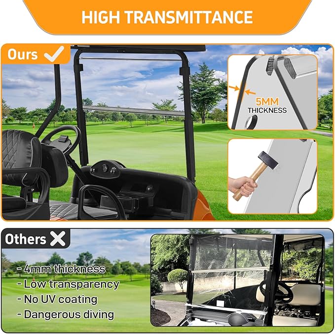 Golf Cart Foldable Windshield Fits 2008-Up EZGO RXV / Freedom RXV Only, 3/16" (5MM) Thicken Fits 1-1/4" Struts, Front Folding Windshield Replacement, Included Hardware
