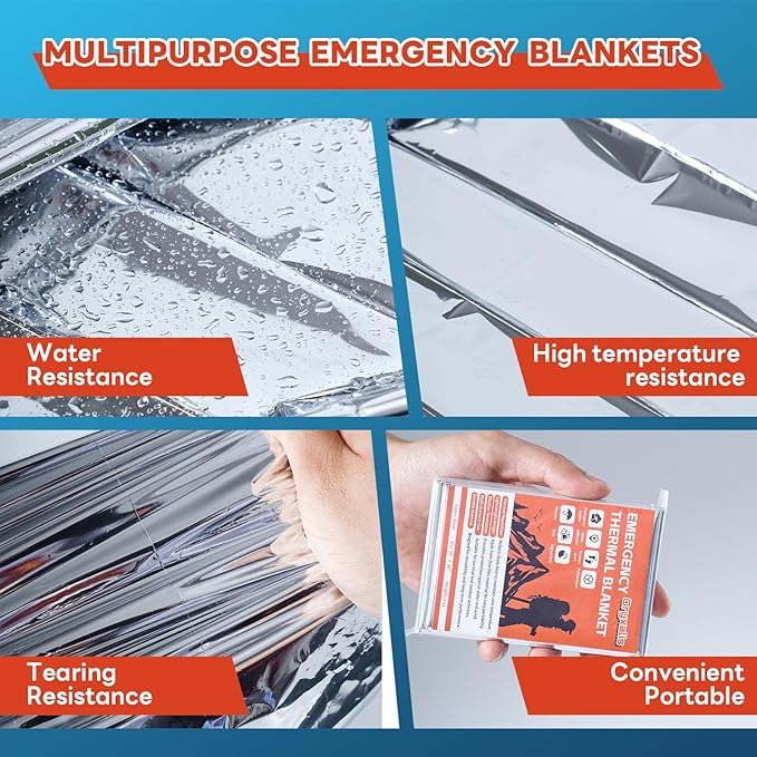 Emergency Mylar Thermal Blankets,Silver Foil Blanket Kit.Camping Heat Space Blankets for Survival,Perfect for Body Warmer in Hiking,Outdoor Traveling, First Aid (10 Pack)