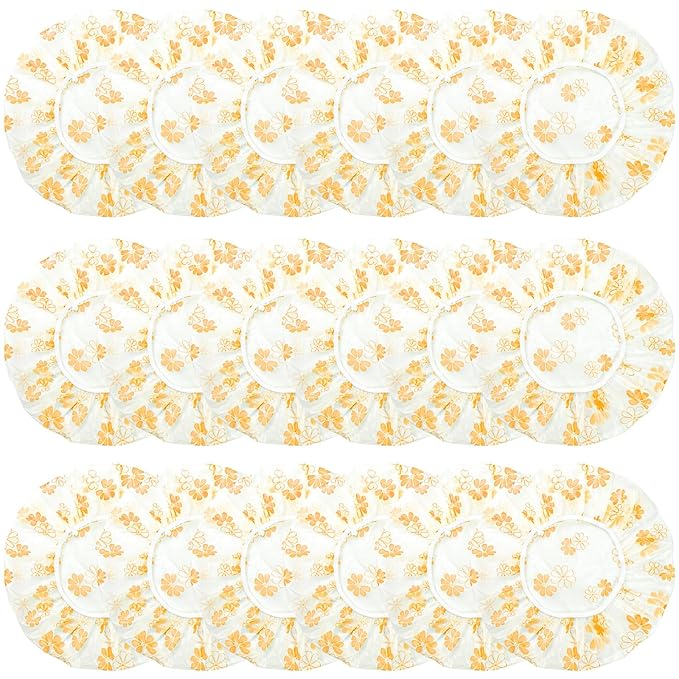18Pcs Plastic Shower Caps for Women Waterproof Bath Caps Bathing Hair Cap Reusable Shower Caps for Shower,Spa,Salon,Housework,Girls,Home,Travel (Yellow-Flower)