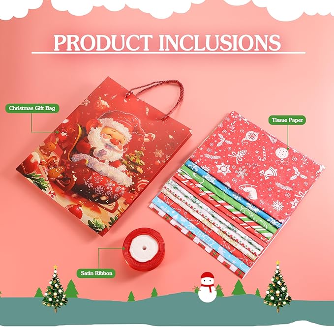 Rusikia 12 Christmas Gift Bags with 12 Tissues and 1 Satin Ribbon, Red Party Favor Bags Bulk with Handles, Glittery Cute Tree Balls Father Christmas Paper Bag for Wrapping, Present (Small 9"x7"x3")