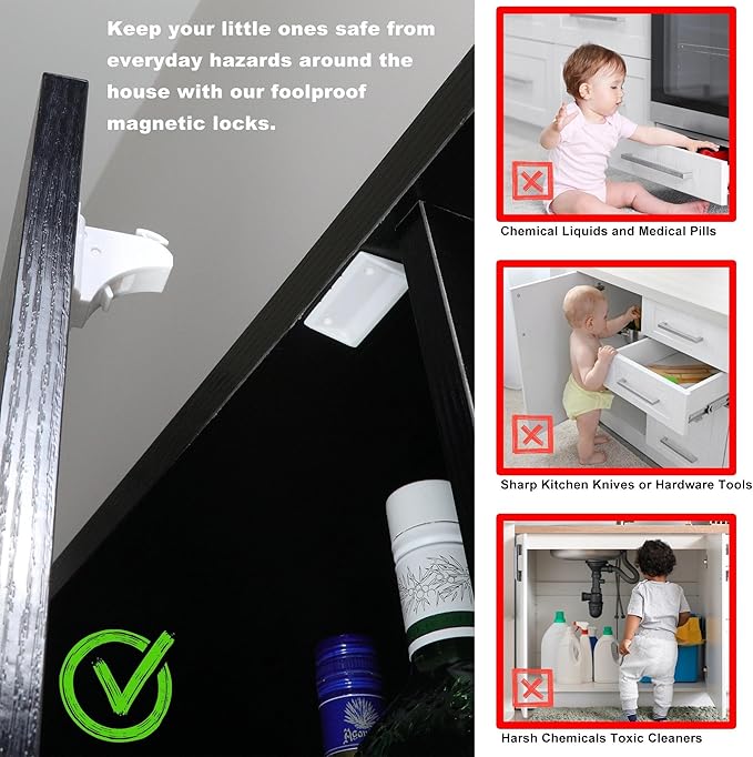 12 Pack Magnetic Cabinet Locks Baby Proofing Child Safety Cupboard Drawers Latches. (4 Keys)