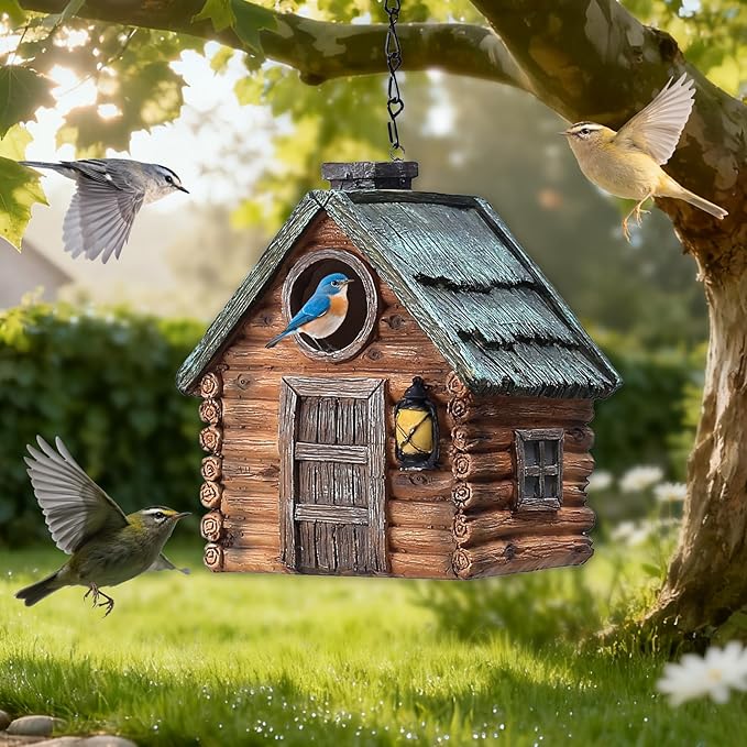Real Wood-Look Resin Bird House – Waterproof & Durable Forest Bird Houses for Garden, Patio, Yard