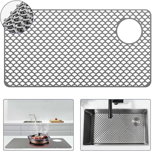 Silicone Sink Protector 28"x15" right Drain Hole, Heat Resistant Non-slip Dishwasher Suitable, Large Sink Mat for Bottom of Farmhouse Kitchen Stainless Steel Sinks(Grey)