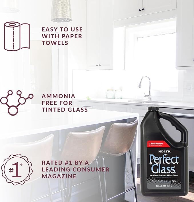 HOPE'S Perfect Glass Cleaner Spray Refill, Streak-Free, Ammonia-Free Window, Mirror, Screen, Tinted Glass, and Shower Door Cleaner, Indoor and Outdoor Glass Surfaces, 67.6 Ounce, Pack of 6