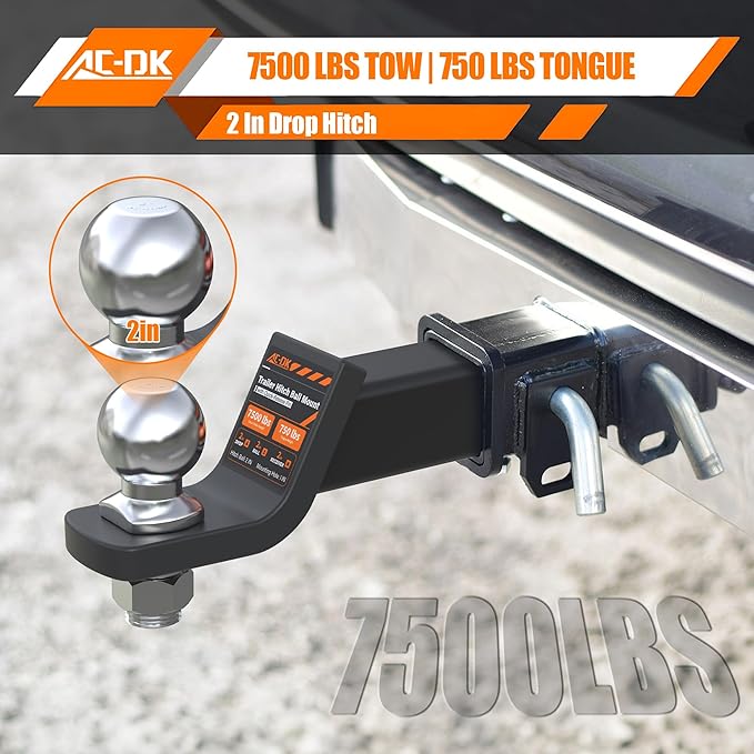 AC-DK Trailer Hitch Mount with 2-Inch Ball & Pin, Fits 2-in Receiver, 7,500 lbs Capacity Ball Hitch, 2" Drop