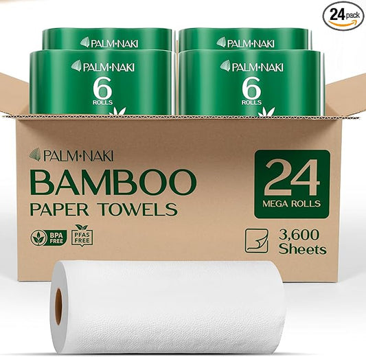 Bulk Case - 100% Bamboo Paper Towels | Lint-Free, Eco-Friendly, Tree-Free | 2-Ply Kitchen Paper Towel | FSC-Certified, BPA/PFAS-Free | 24 Rolls, 150 Sheets/Roll | PALM NAKI