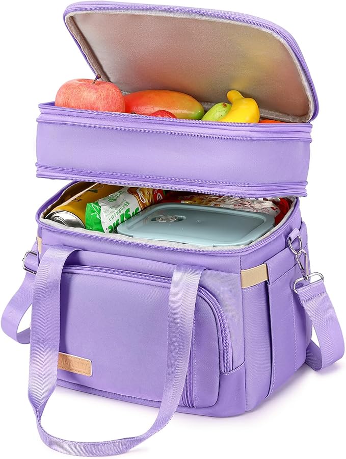 Lunch Box for Men Women - Double Deck Insulated Lunch Bag, Large Leak Proof Tote Cooler, Wide Open Dual Compartment Lunch Bags with Shoulder Strap, For Work Picnic Hiking Beach, Purple