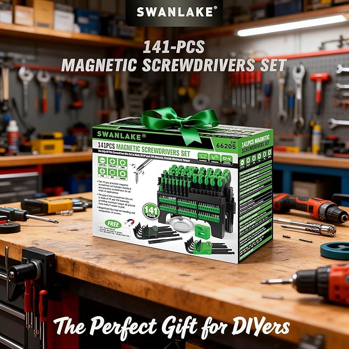 141-Piece Magnetic Screwdriver Set with Plastic Rack, Torx/Slotted/Phillips Precision Screwdrivers, SAE & Metric Hex Key Kit, Ratchet Handle & Screwdriver Bits, DIY Tools for Gift