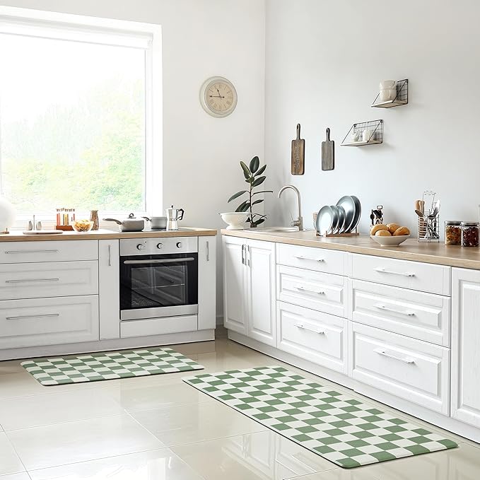 Checkered Kitchen Mats for Floor Set of 2, 2 Pcs Sage Green Cushioned Non Slip Runner Rugs for Kitchen/Sink/Laundry, Comfort Aesthetic Cute Anti-Fatigue Foam Floor Mat 17.3"x29.5"+17.3"x47.2"