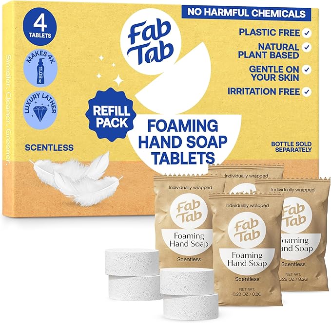 Fab Tab Foaming Hand Soap Kit - Natural Hand Soap - Bathroom Hand Wash - Plant-Based - No Harsh Chemicals - Scentless - 4 Pack. Makes 4 x 11.9 fl oz (Bottle Not Included)