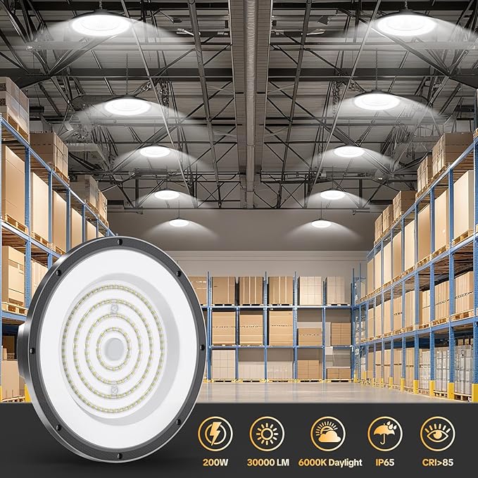 AIKVSXER 200W LED High Bay Light 30000LM UFO Shop Light 6000K Daylight IP65 Waterproof for Warehouse Garage Barn Factory Workshop 5FT Cord with US Plug 6 Pack