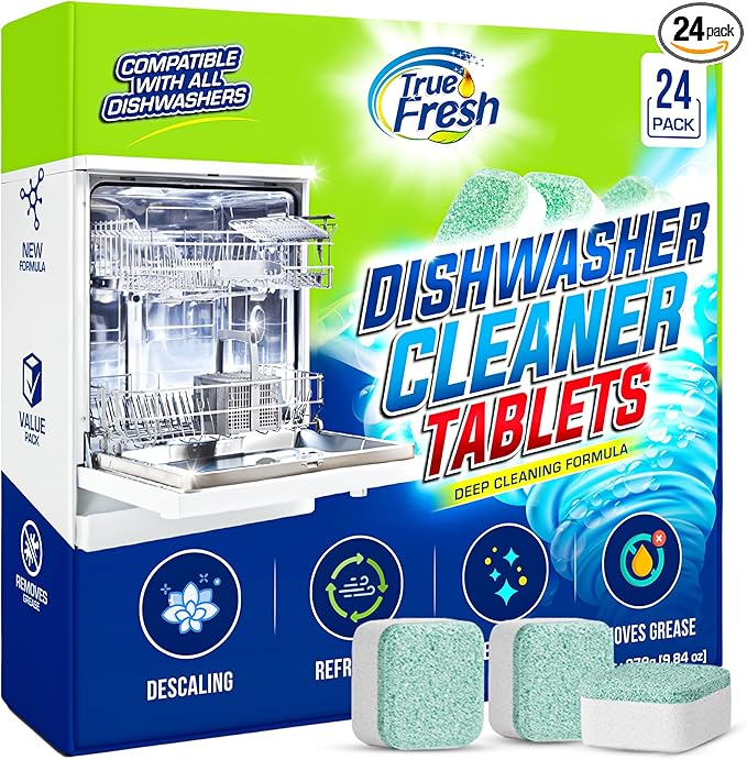 True Fresh Dishwasher Cleaner & Deodorizer Tablets 24-Pack – Deep Clean, Fresh, Sparkling Dishwasher Cleaning Tablets for Spray Arms, Filters & Drains – Removes Grease, Residue & Hard Water Buildup