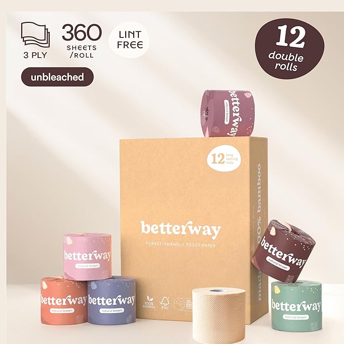Betterway Unbleached Bamboo Toilet Paper Rolls - Eco-Friendly 3 Ply Toilet Tissue - 12 Long-Lasting Rolls - 360 Sheets/Roll - Organic, FSC Certified, Septic Safe TP - Lint-Free, PFAS-Free Bath Tissue