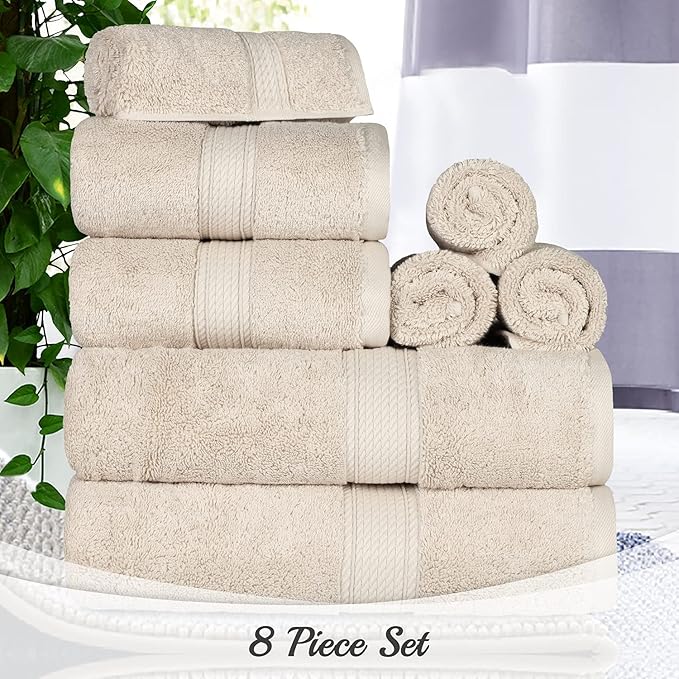 Superior Egyptian Cotton Pile 8 Piece Towel Set, Includes 2 Bath, 2 Hand, 4 Face Towels/Washcloths, Ultra Soft Luxury Towels, Thick Plush Essentials, Guest Bath, Spa, Hotel Bathroom, Cream