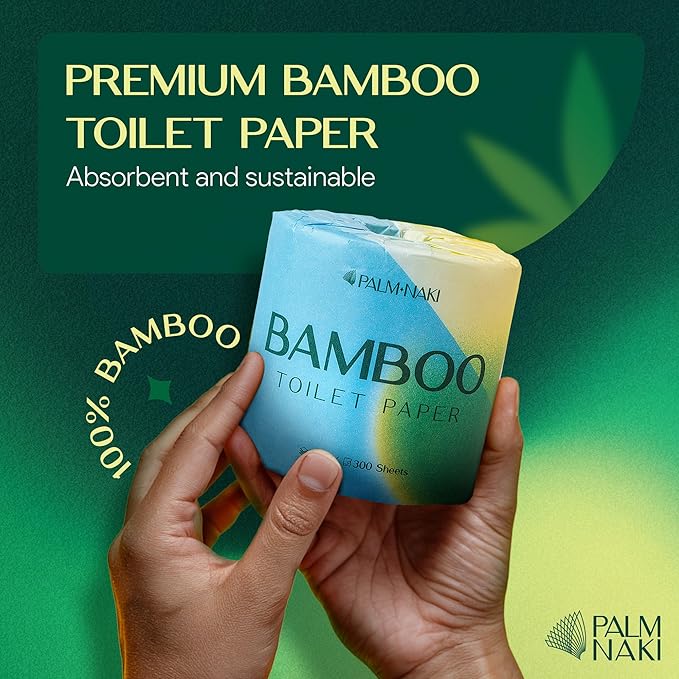 Premium Bamboo Toilet Paper | 3-Ply – Strong & Absorbent | Tree-Free, FSC Certified, BPA/PFAS-Free | Septic-Safe, Lint-Free | 18 Rolls (300 Sheets/Roll) | PALM NAKI