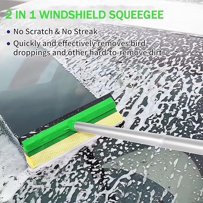 62'' Car Wash Brush with Long Handle, Scratch-Free Soft Bristles Sturdy Car Wash Mop, Complete Cleaning Brush Kit Wash Mitt Towel Windshield Squeegee Wheel Tire Brush for Car Truck RV Green