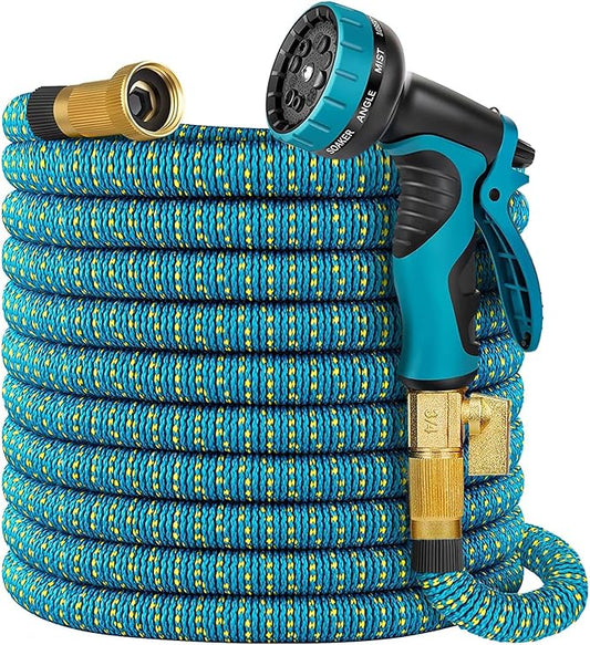 Expandable Garden Hose 100 ft - 2025 Upgraded No Kink Retractable Water Hose 100ft with 10 Pattern Spray Nozzle, Solid Brass Fittings, Expanding Latex Core, Strong Fabric, Super Lightweight & Flexible
