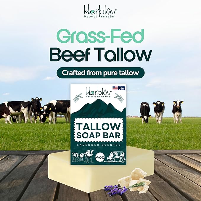 Beef Tallow Soap Bar – All Natural Grass Fed Tallow Soap Lavender – Moisturizing Face & Body Wash Great for Eczema, Dry, Itchy, Sensitive Skin – Handcrafted Bath Soap for Adults, Kids, Made in USA