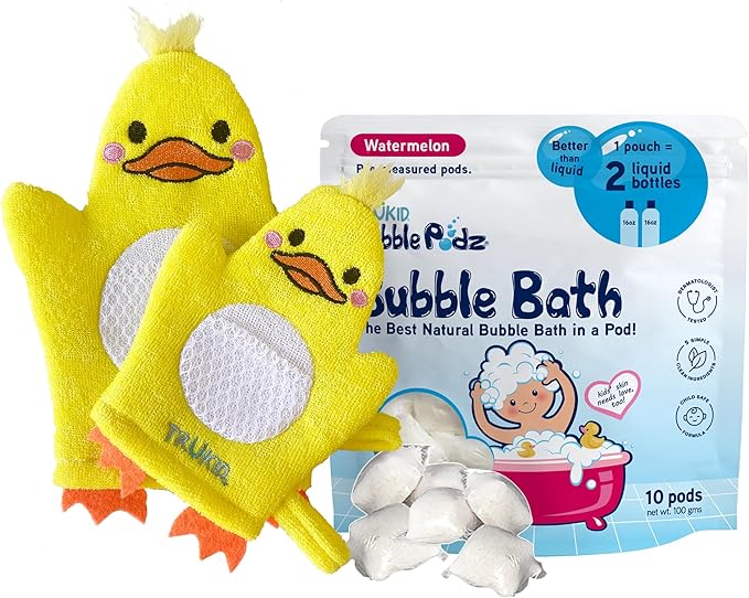 TruKid Watermelon Bubble Podz & BubbleGlove Set – Bubble Bath Pods and 2 Wash Gloves for Toddlers and Kids