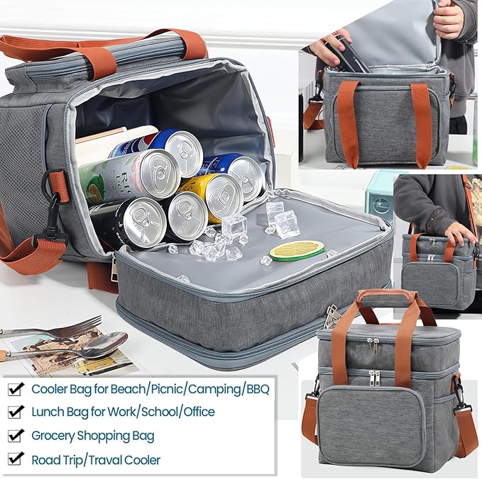 16 litres Insulated Lunch Bag for Men & Women, 2 Deck Lunch Box with Leak-Proof, Insulated Cooler Bag, Reusable Lunch Tote, with Adjustable Shoulder Strap for Office Picnic Hiking Beach