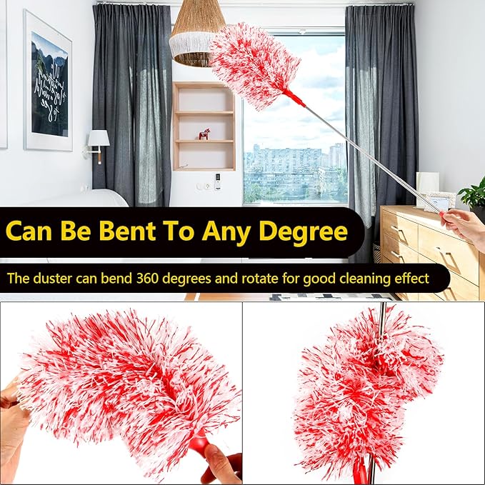 20-49inches Extendable Microfiber Feather Duster with 10pcs Replaceable Heads, Extra Long Bendable Duster for Cleaning, Electrostatic Dust Remove for Furniture, Ceiling, Window,etc (Red)