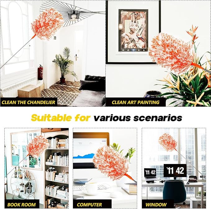 20-49inches Extendable Microfiber Feather Duster with 10pcs Replaceable Heads, Extra Long Bendable Duster for Cleaning, Electrostatic Dust Remove for Furniture, Ceiling, Window,etc (Orange)
