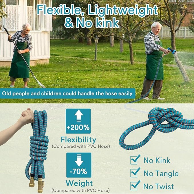 Expandable Garden Hose 100 ft, 2025 Upgraded Flexible Water Hose 100ft with 10 Function Spray Nozzle, Lightweight, No Kink, No Tangle, Expanding Hose With 3/4" Solid Brass Fittings
