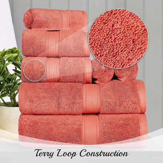 Superior Egyptian Cotton Pile 3 Piece Towel Set, Includes 1 Bath, 1 Hand, 1 Face Towel/Washcloth, Ultra Soft Luxury Towels, Thick Plush Essentials, Guest Bath, Spa, Hotel Bathroom, Coral