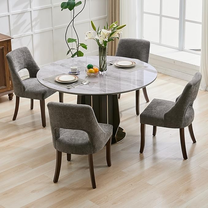 UVV Wooden Dining Chairs Set of 2, Mid Century Modern Upholstered Dining Room Chair Kitchen Chairs, Chenille Dinner Chair with Solid Wood Legs for Kitchen Dining Room, Dark Grey-Chenille