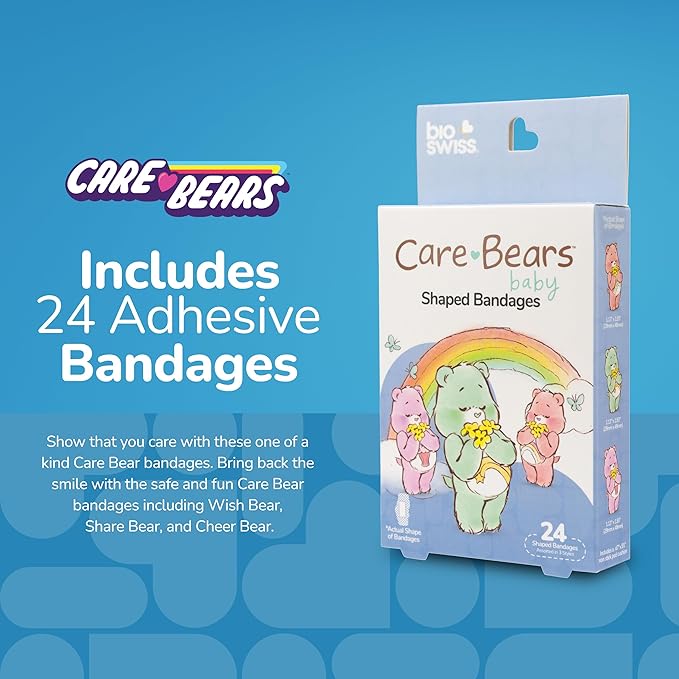 BioSwiss Care Bears Kids Bandages, Baby Care Bear Shaped Self Adhesive Bandage Set, Latex Free, Sterile Wound Care, 24 Count
