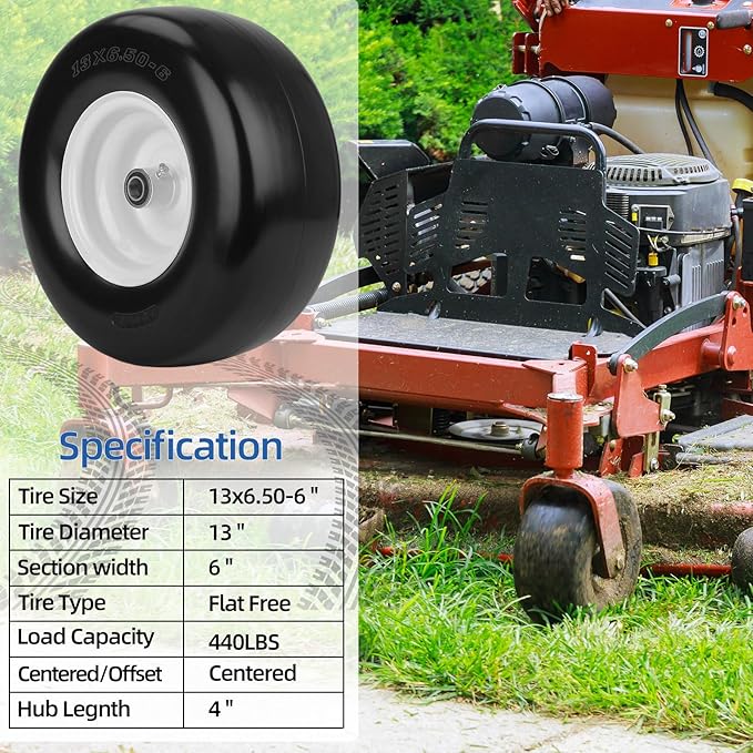 13x6.50-6 Flat Free Lawn Mower Tire and Wheel, Solid Smooth Zero Turn Mower Front Tire Assembly, with 3/4" & 5/8" Bearing, 4"-6.5" Centered Hub, Compatible with Lawnmower Garden Tractor, 2 Pack