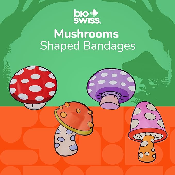 BioSwiss Kids Bandages, Mushroom Shaped Self Adhesive Bandage Set, Latex Free, Sterile Wound Care, 24 Count