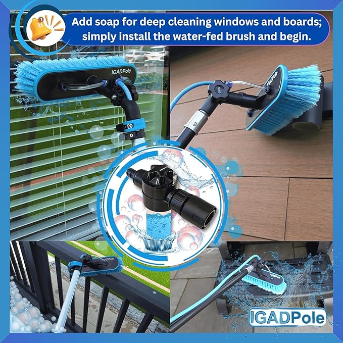 23ft IGADPole Washing Kit: Water-fed Brush with Soap Dispenser, Cobweb Dusters, with 4-Stage Telescoping Pole 5-17ft Pole/Window and Dusting Cleaning Kit