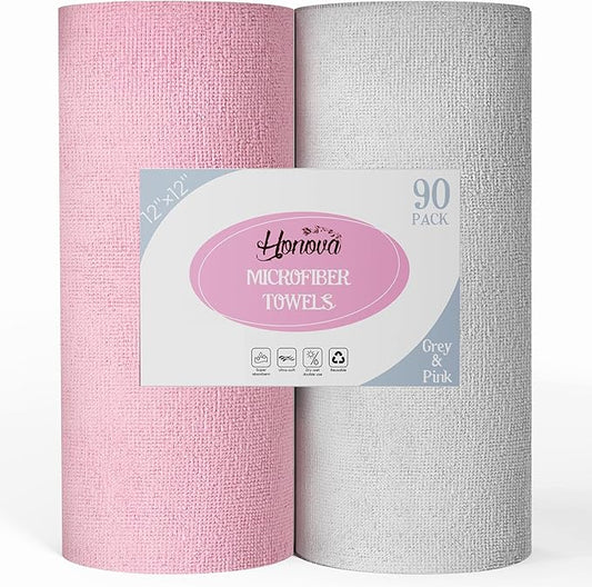HONOVA Microfiber Cleaning Cloth Roll-90 Pack, Tear Away Microfiber Towels, 12" x 12", Reusable, Washable, Scratch Free, Highly Absorbent Dish Rags for Car, Home, Garage or Shop(Pink&Grey)