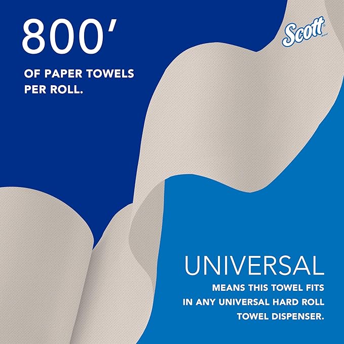 Scott Professional Universal 100% Recycled Fiber Hard Roll Paper Towels, Bulk (56758), Hardwound 1.5' Core, Absorbency Pockets, Compressed, Brown (6 Rolls at 800' Each, 4,800'/Case)