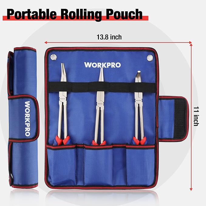 WORKPRO 3PC Long Reach Pliers Set, 11 Inch Extra Long Needle Nose Plier Set Includes Straight, 90° & 45° Bent Nose Plier, Pliers Tool Set for Narrow Spaces