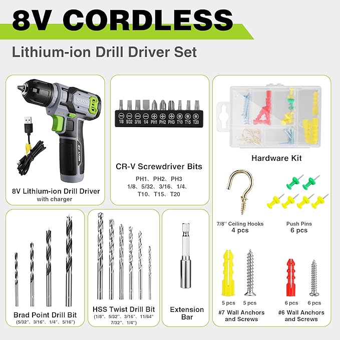 WORKPRO 8V Cordless Drill Driver Kit with 53pcs Bit Set, 2.0Ah Electric Drill with 3/8" Keyless Chuck and Variable Speed Trigger, Portable for Home Improvement, DIY
