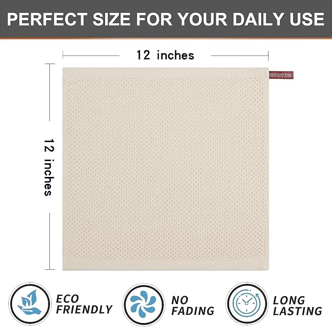 Kitinjoy 100% Cotton Kitchen Dish Cloths, 8 Pack Waffle Weave Ultra Soft Absorbent Dish Towels for Drying Dishes Quick Drying Kitchen Towels Dish Rags, 12 X 12Inch, Beige