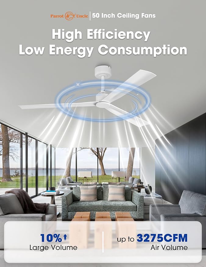 White Ceiling Fan No Light with Remote, Modern DC Motor Ceiling Fans without Lights for Bedroom, Reversible Quiet Indoor Outdoor Ceiling Fans for Patios Living Room, 6 Speeds, Timer, 50 Inch