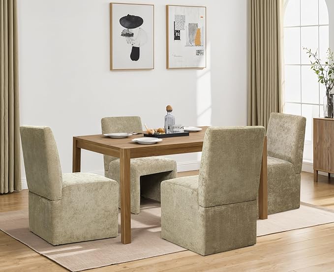 Upholstered Dining Chairs Set of 4 Modern Kitchen & Dining Room Chairs Linen Fabric Dining Chairs with Wooden Frame, Khaki