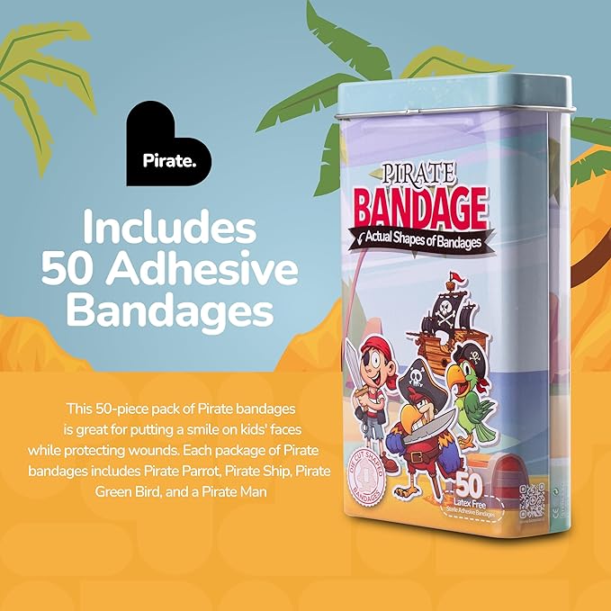BioSwiss Kids Bandages, Pirate Shaped Self Adhesive Bandage Set, Latex Free, Sterile Wound Care, 50 Count