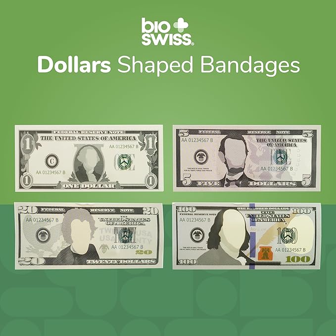 BioSwiss Kids Bandages, Money Shaped Self Adhesive Bandage Set, Latex Free, Sterile Wound Care, 50 Count