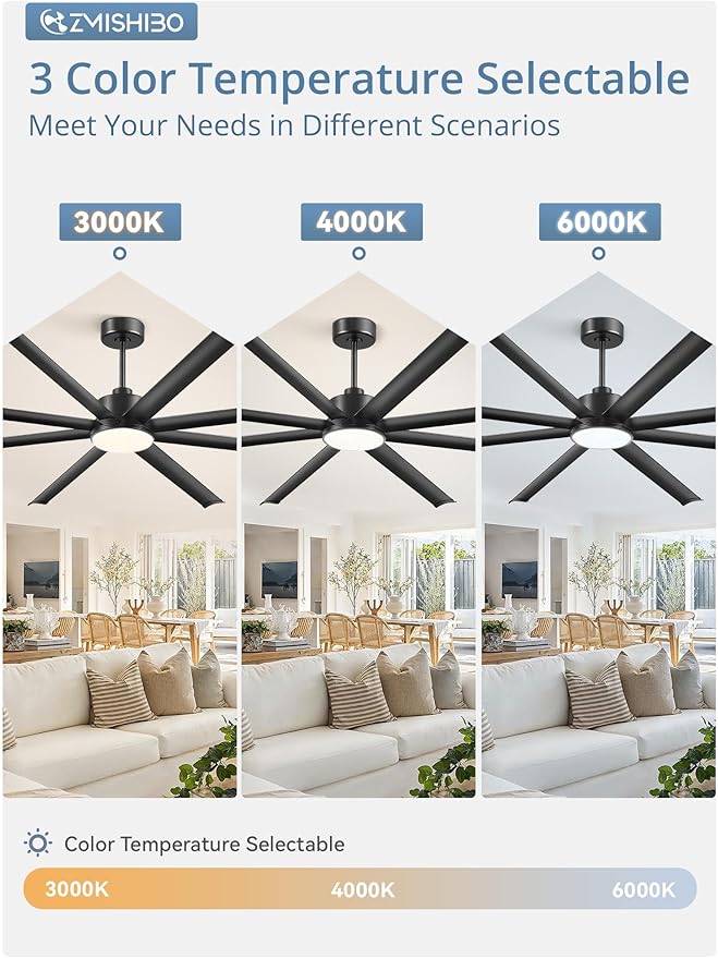 ZMISHIBO 96 Inch Ceiling Fans with Lights, Large Indoor/Outdoor Industrial Ceiling Fan with 8 Aluminum Reversible Blades, Quiet DC Motor, 3CCT&6-Speed Remote Control, Damp Rated for Shop/Garage/Gazebo