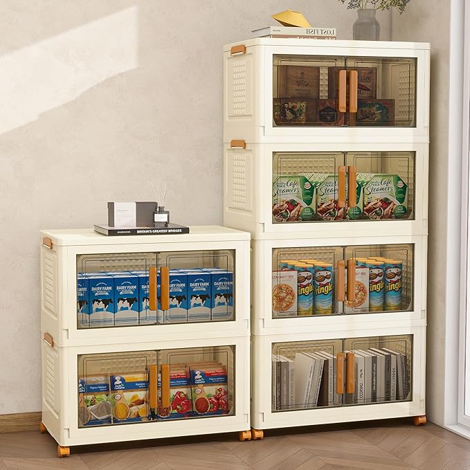 Plastic Stackable Storage Bins with Lids and Wheels, Foldable Closet Organizers and Storage Containers, Collapsible Clear Drawer Storage Cabinet with Doors Ivory White 537.6 QT