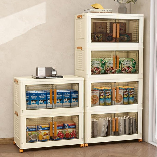 Plastic Stackable Storage Bins with Lids and Wheels, Foldable Closet Organizers and Storage Containers, Collapsible Clear Drawer Storage Cabinet with Doors Ivory White 537.6 QT